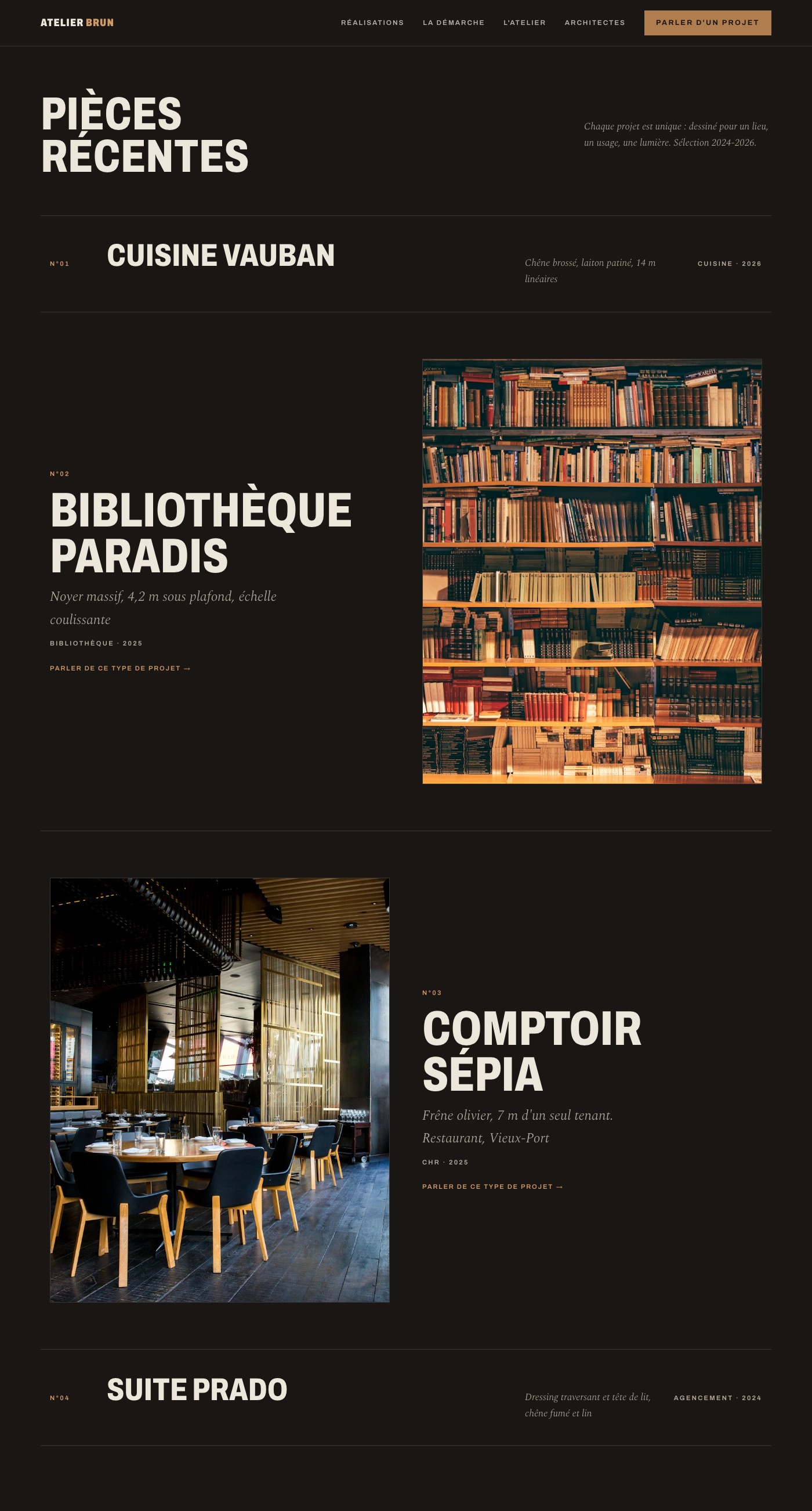 L'index éditorial des réalisations : rangées typographiques et photos en vis-à-vis miroir, inspiré des maisons du bois haut de gamme (Dinesen, Garde Hvalsøe).