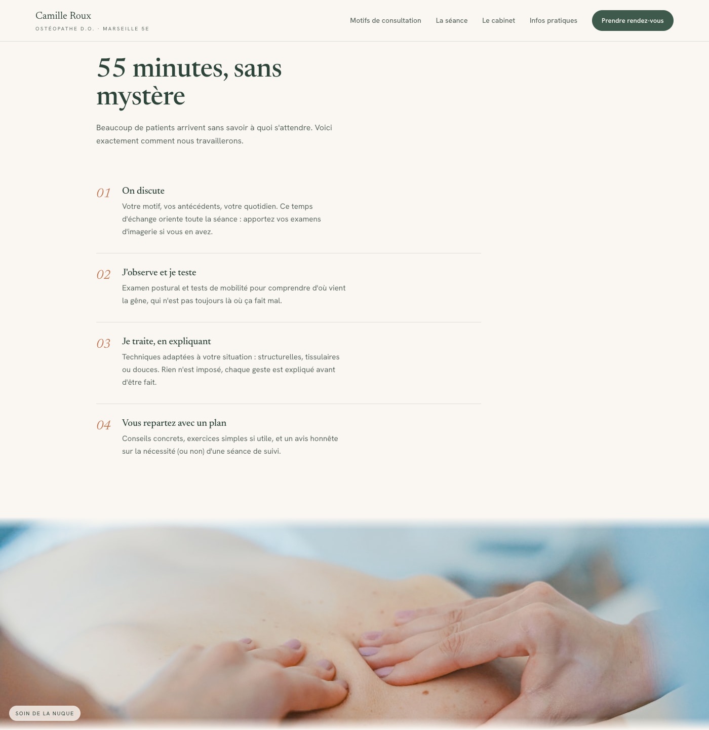 Le déroulé d'une séance, expliqué pas à pas : la section qui répond à la vraie hésitation des patients (« je ne sais pas à quoi m'attendre »).